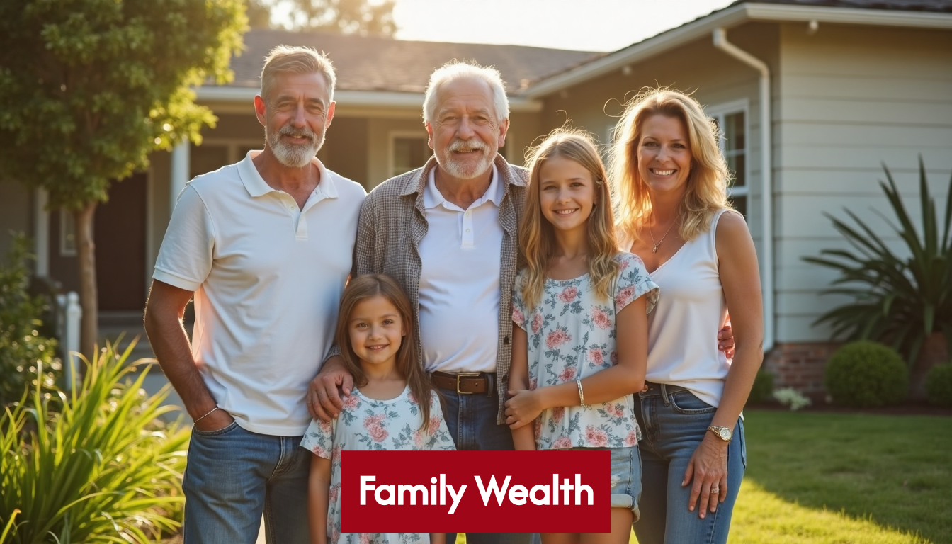 Family standing securely in front of California home