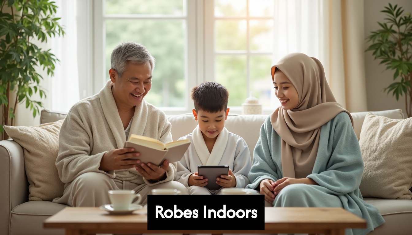 Family wearing robes in shared living space