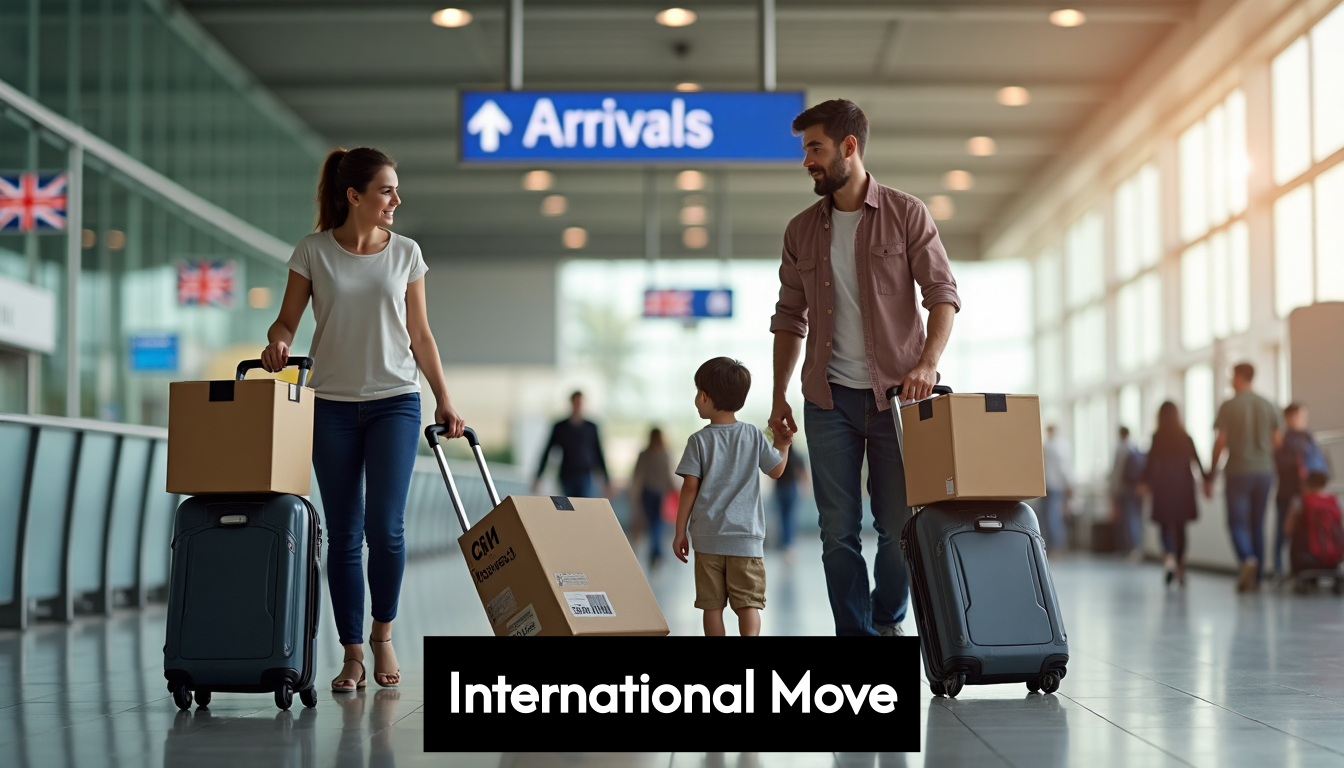 Family with boxes at UK airport preparing for move