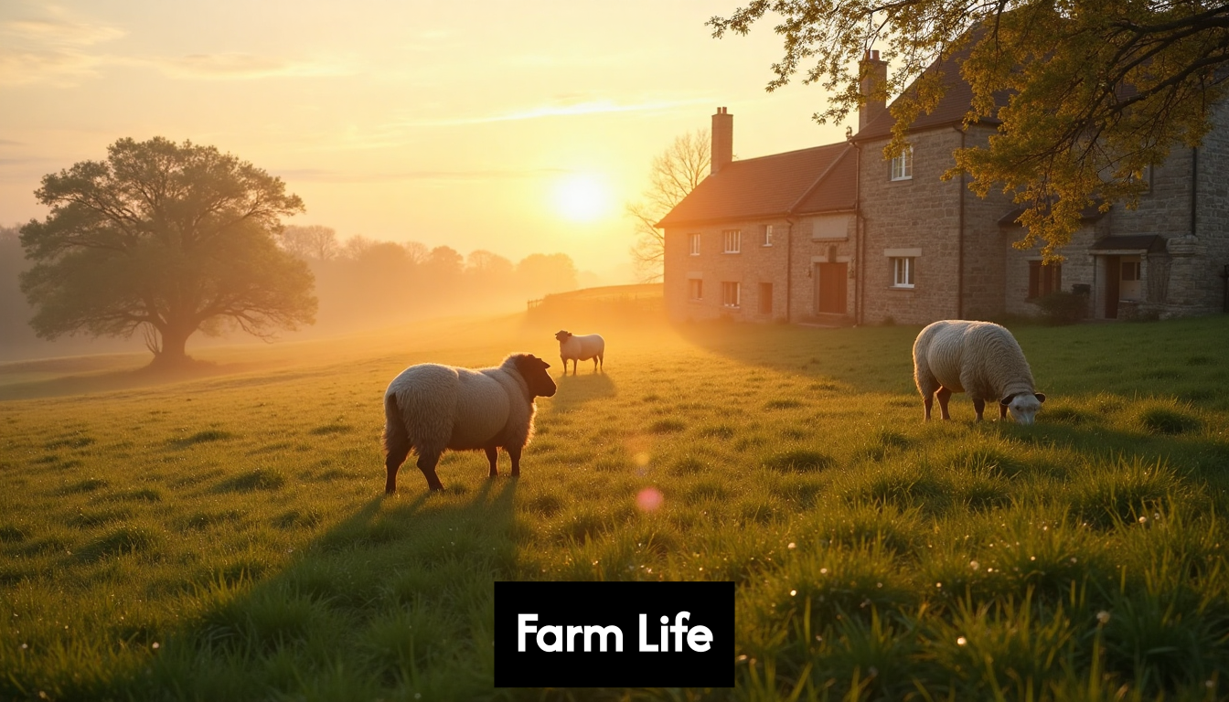 Farm landscape at sunrise with fields and farmhouse
