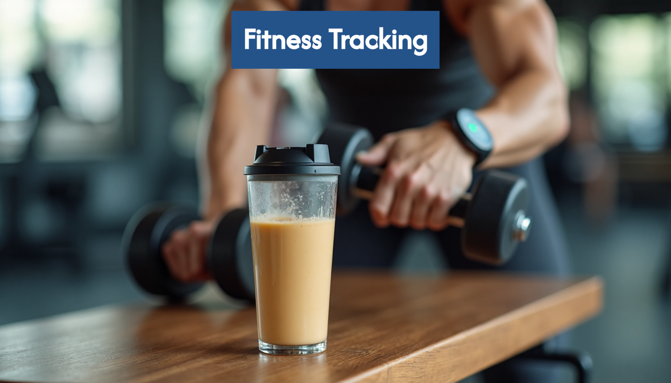 Fitness tracker in use with nutrition shake visible