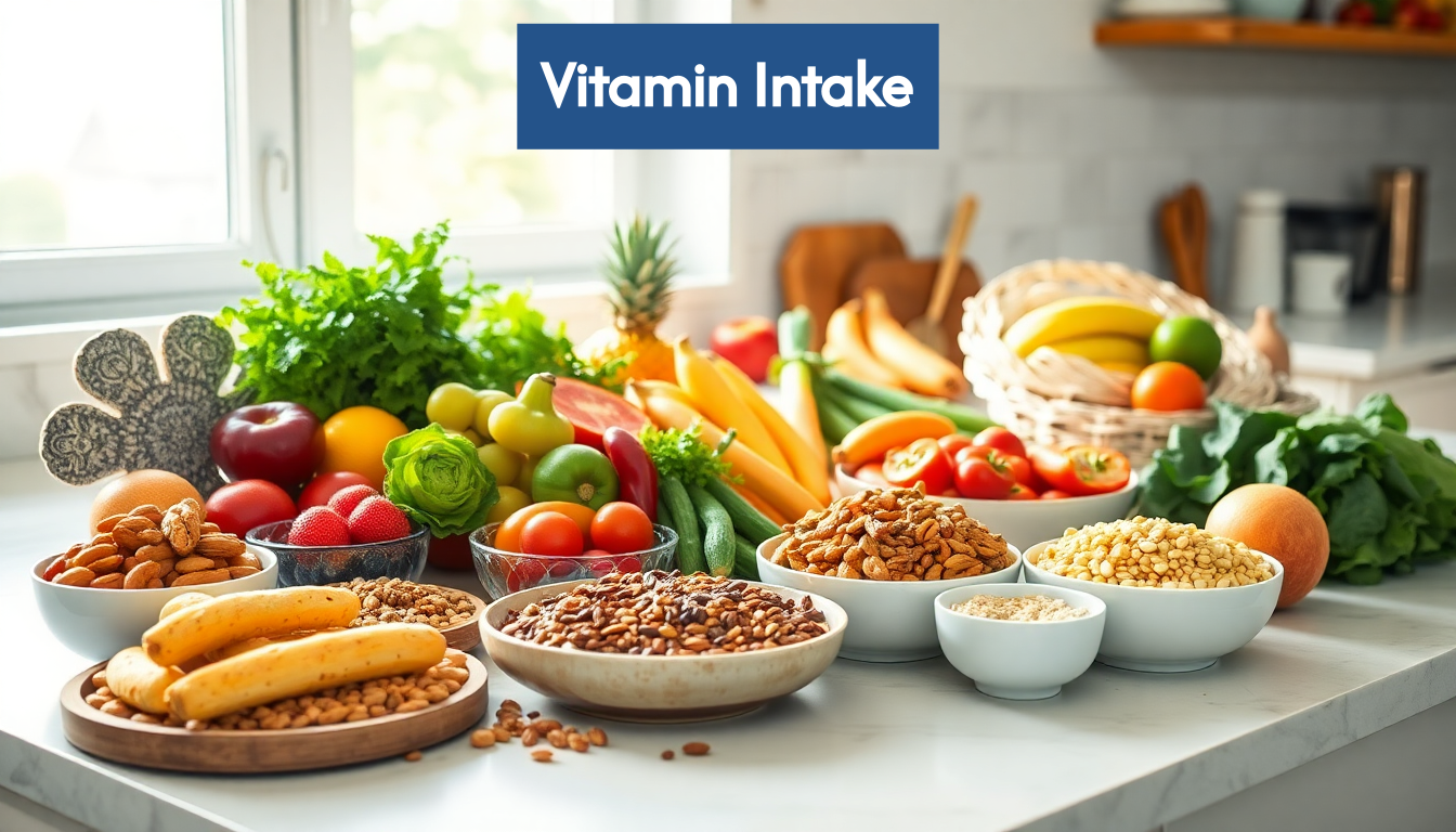 Fresh fruits, vegetables, and grains on a kitchen counter