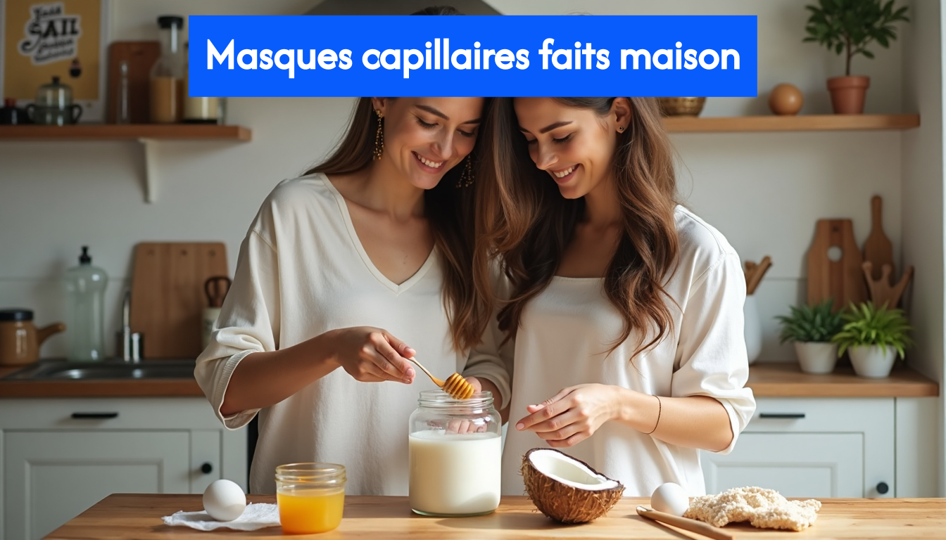 Friends mixing coconut milk hair mask ingredients in kitchen