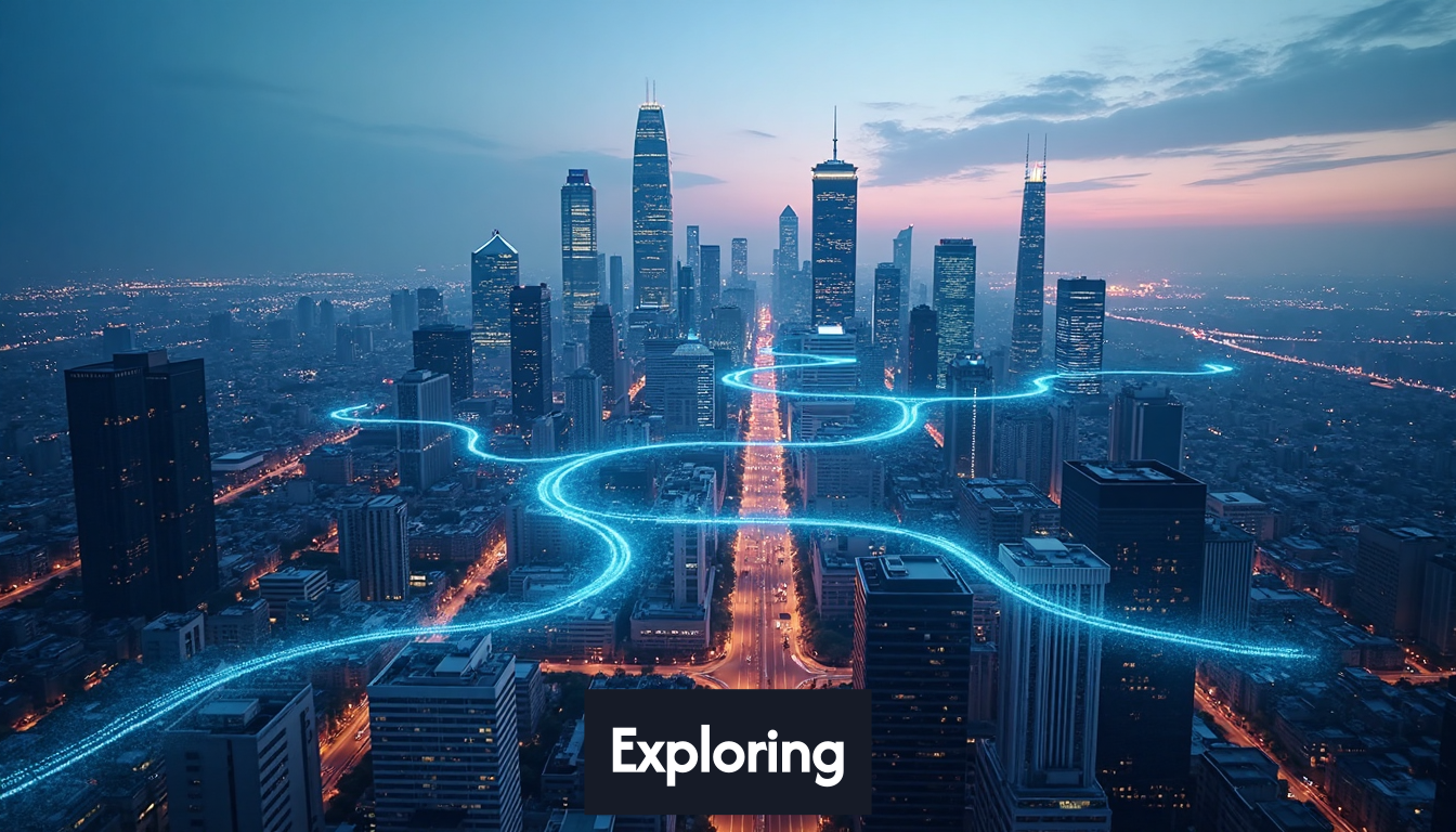 Futuristic city with glowing lines representing network connections.