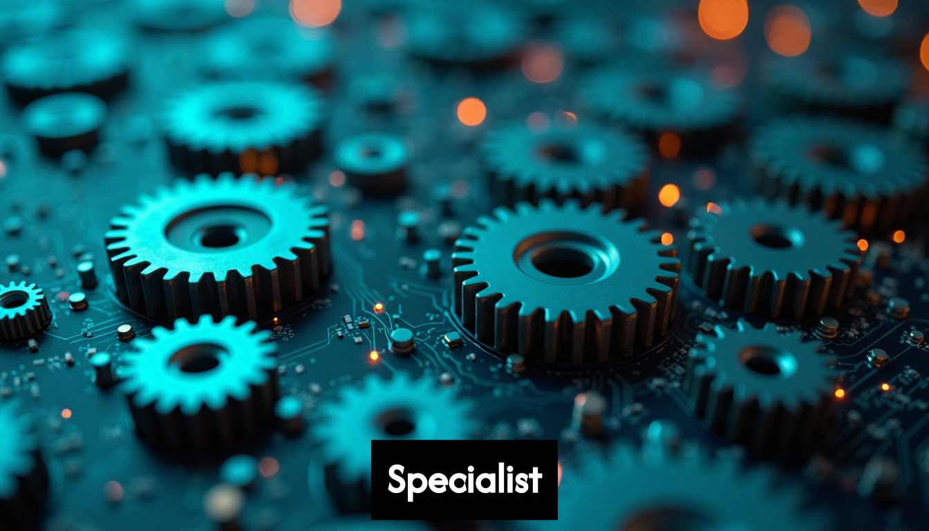 Gears and circuit patterns represent specialized digital knowledge.