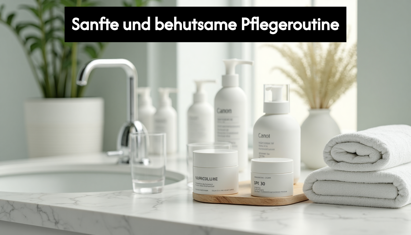 Gentle skincare routine essentials on bathroom counter