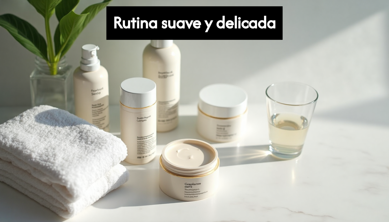 Gentle skincare routine essentials on bathroom counter