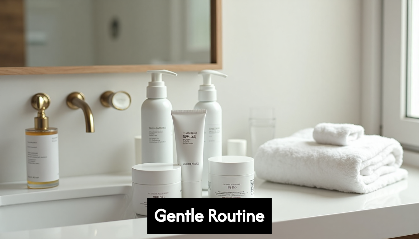 Gentle skincare routine essentials on bathroom counter