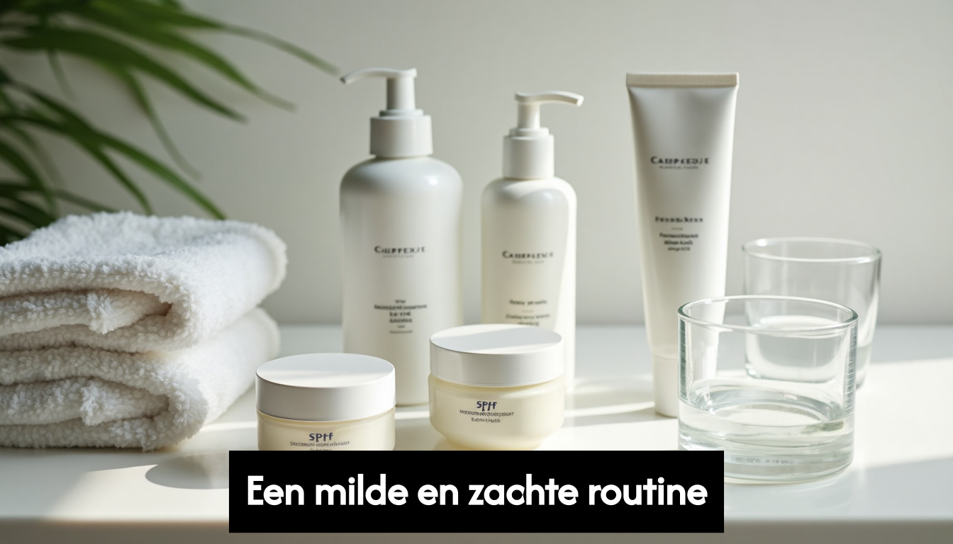 Gentle skincare routine essentials on bathroom counter
