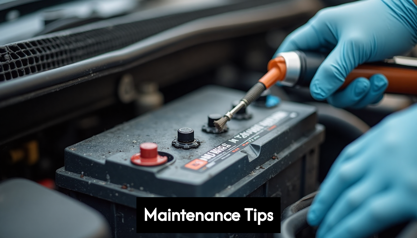 Gloved hands cleaning battery terminal corrosion