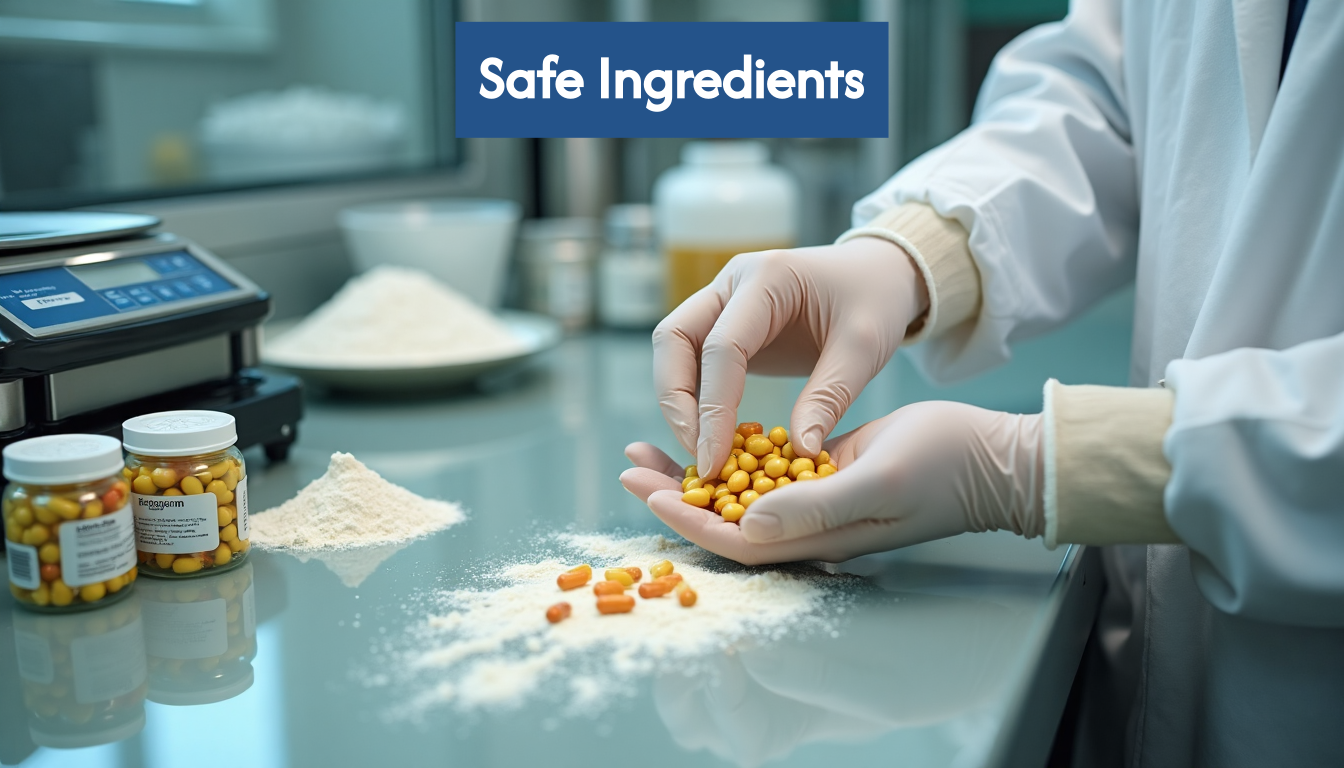 Gloved hands measuring pure supplement ingredients