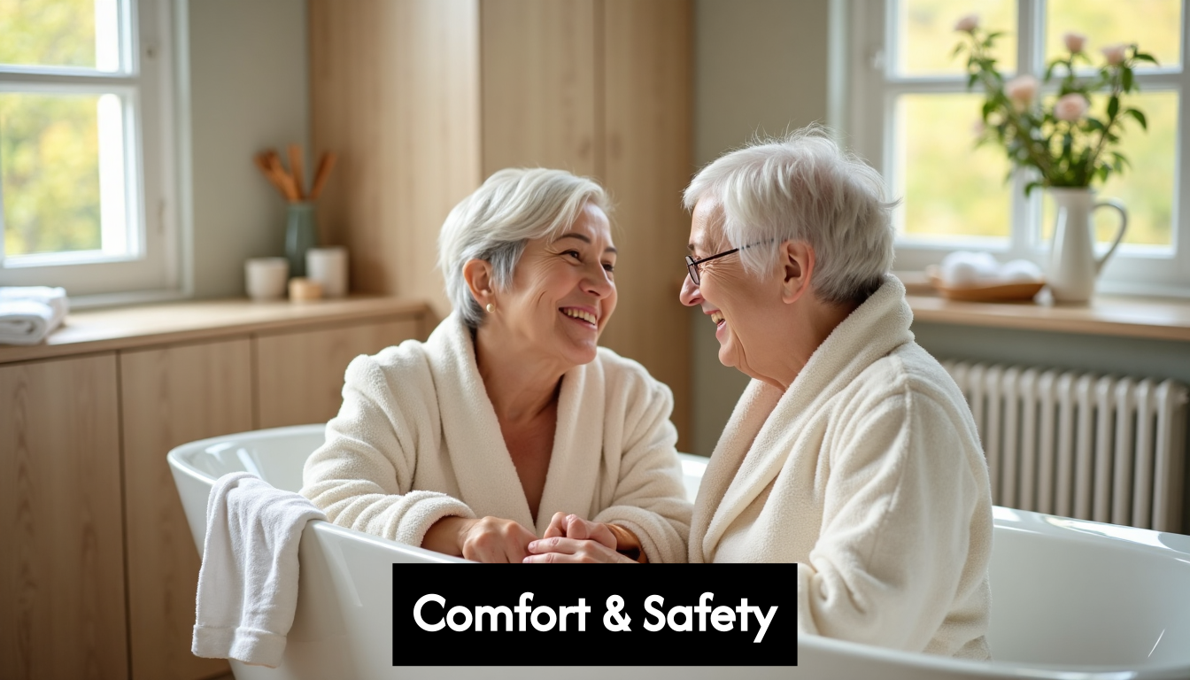 Grandparent and child wearing bathrobes in a cozy bathroom
