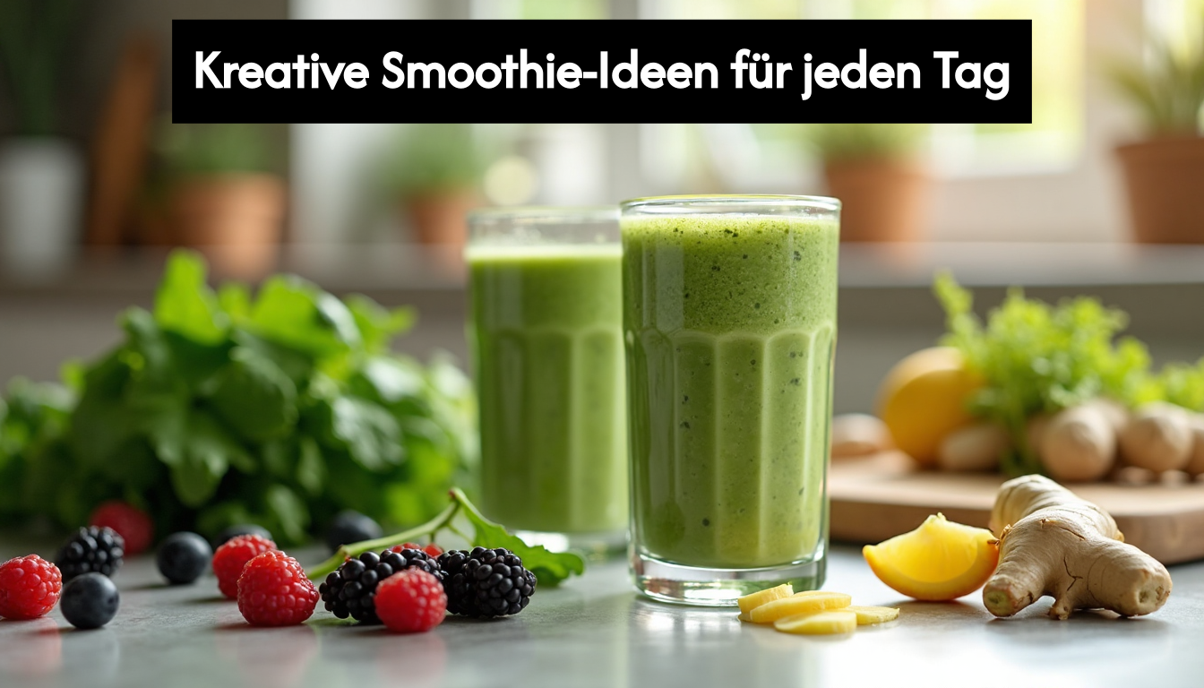 Green smoothie with fresh ingredients on kitchen counter