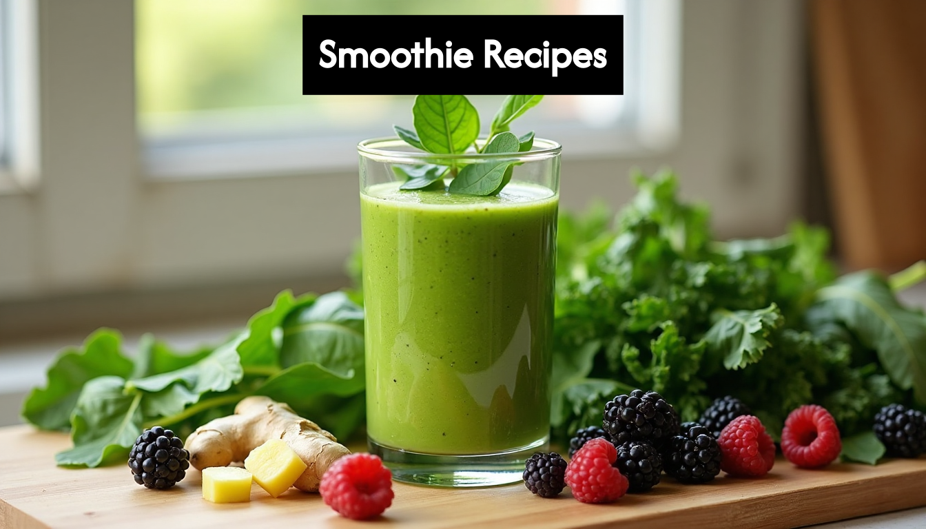 Green smoothie with fresh ingredients on kitchen counter