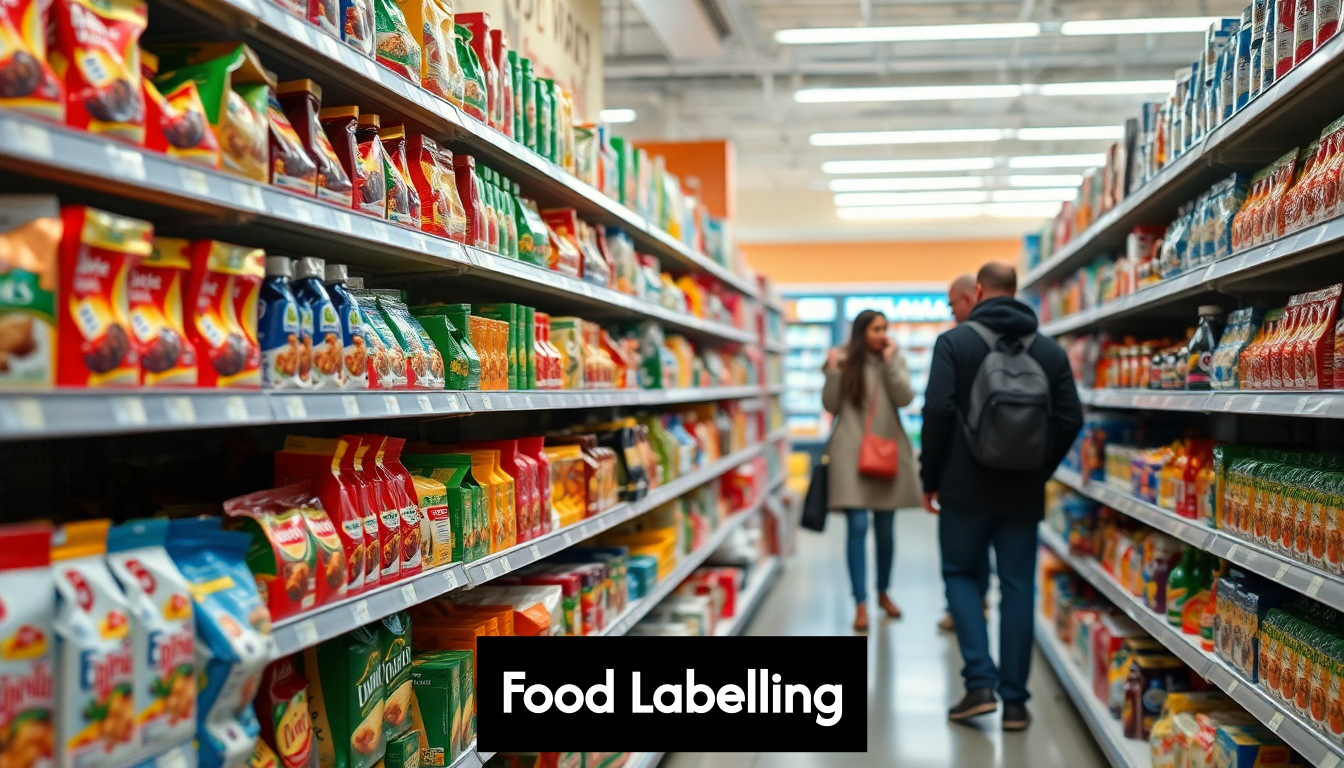 Grocery store aisle with varied food packaging