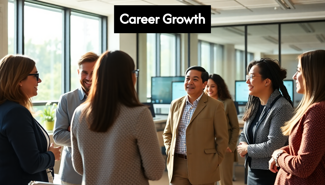 Group discussing career growth in an office.