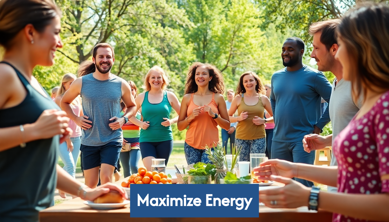 Group exercising outdoors and eating healthy