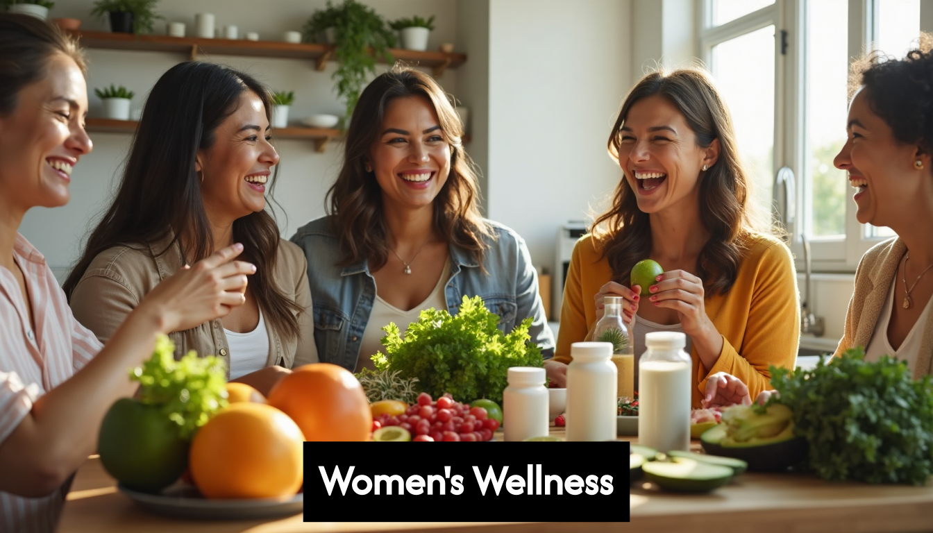 Group of women with supplements and fresh foods