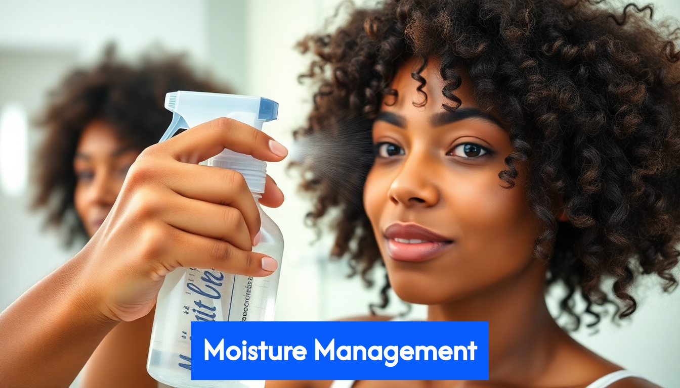Person moisturizing natural hair with spray