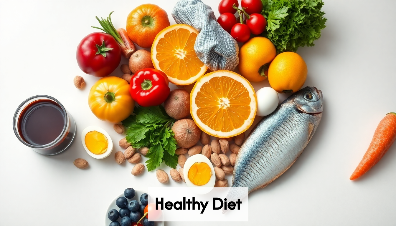 Nutritious foods on a white surface