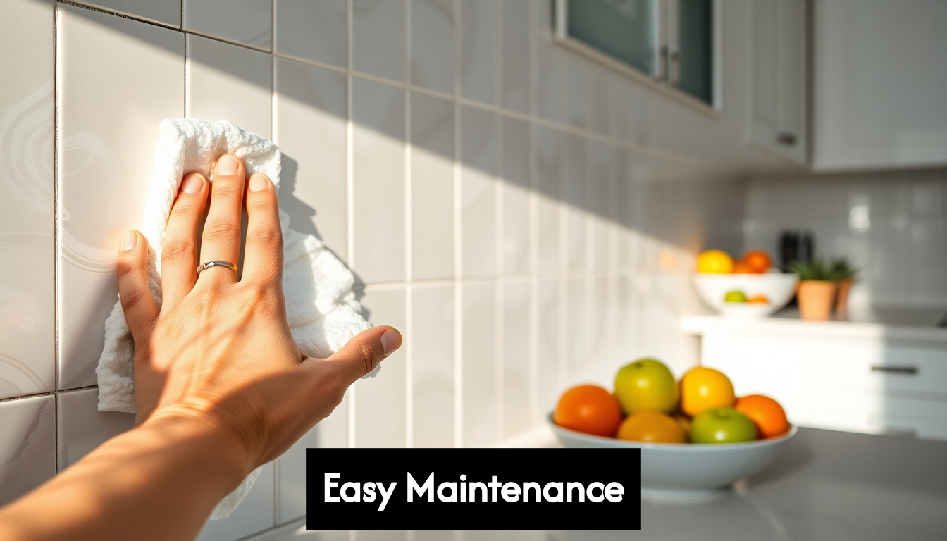 Hand cleaning glossy tiled kitchen wall