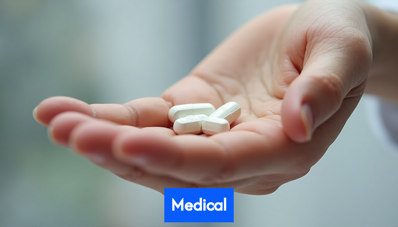 Hand holding a few small medication pills.