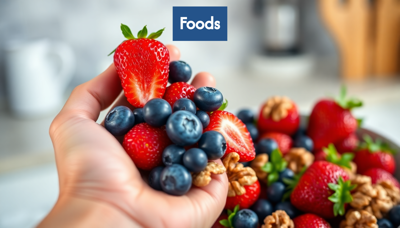 Hand holding mixed berries and nuts for snacking.