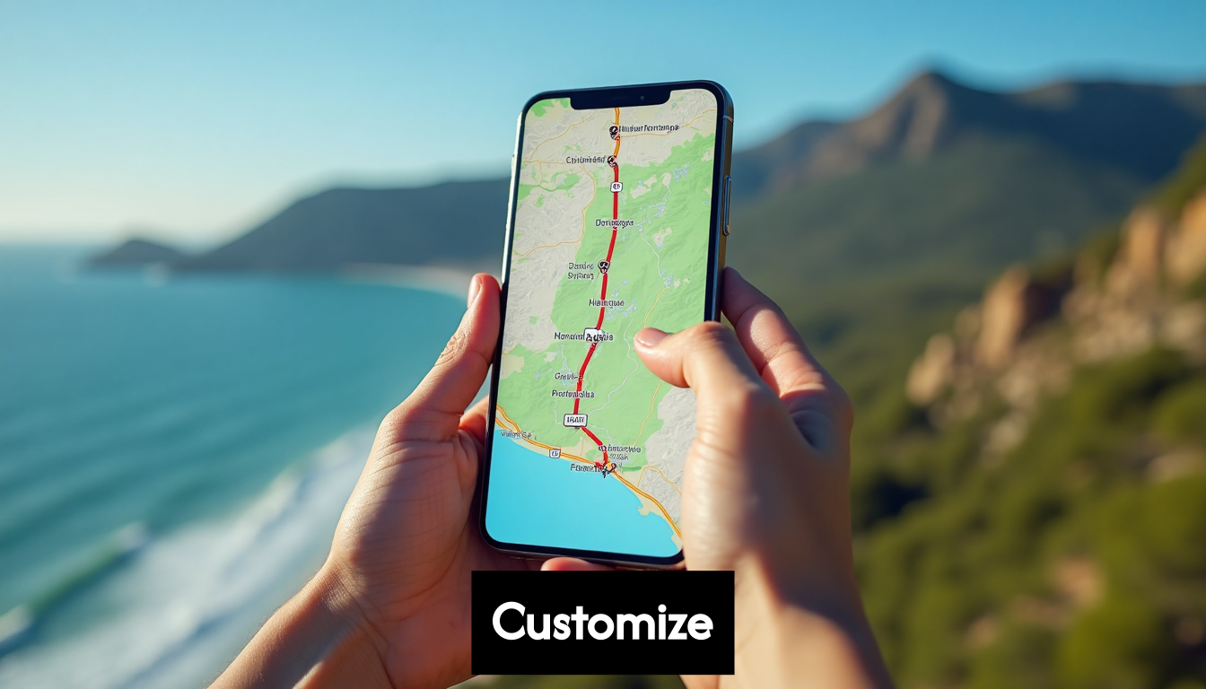 Hand holding phone with custom map over scenic landscape.