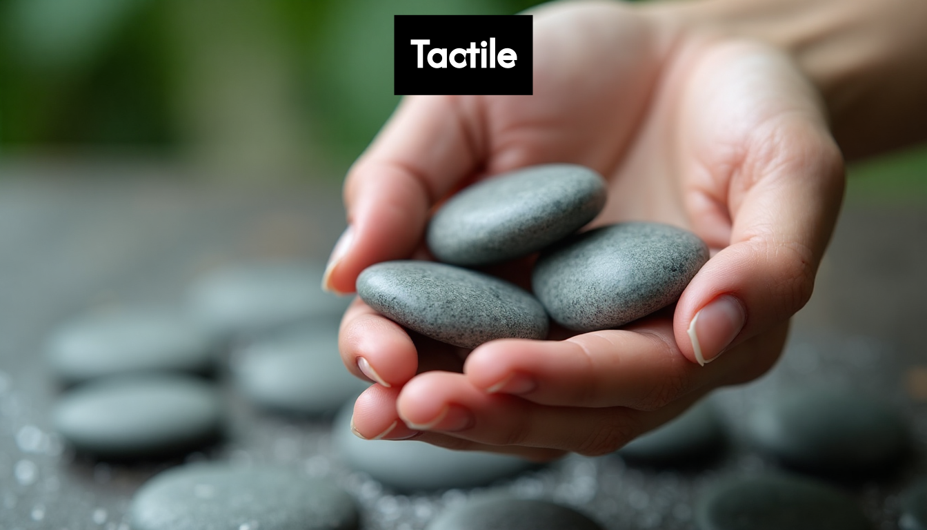 Hand holding smooth cooling stones from sauna.