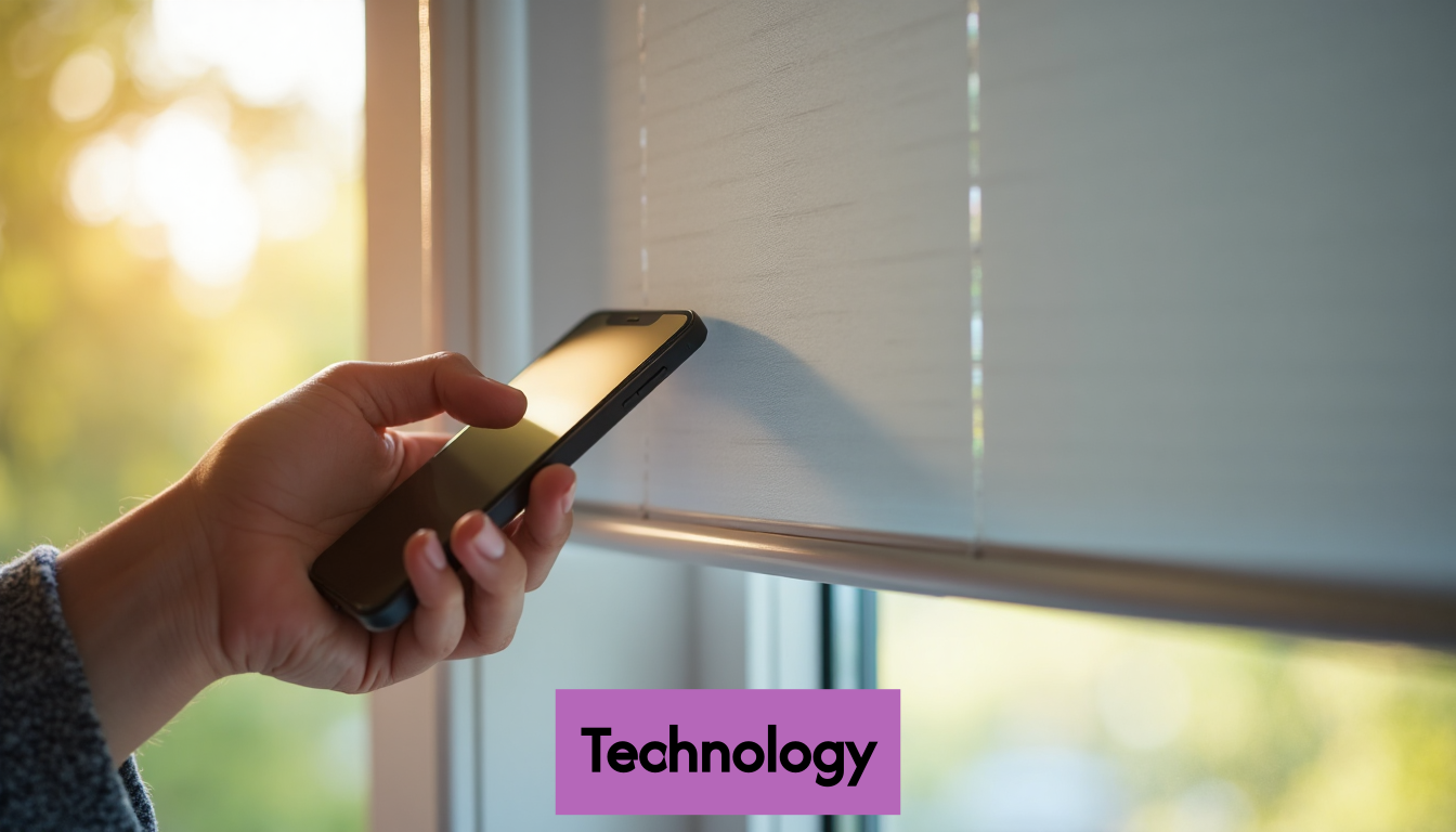 Modern Interior Hand interacting with a smartphone controlling smart blinds