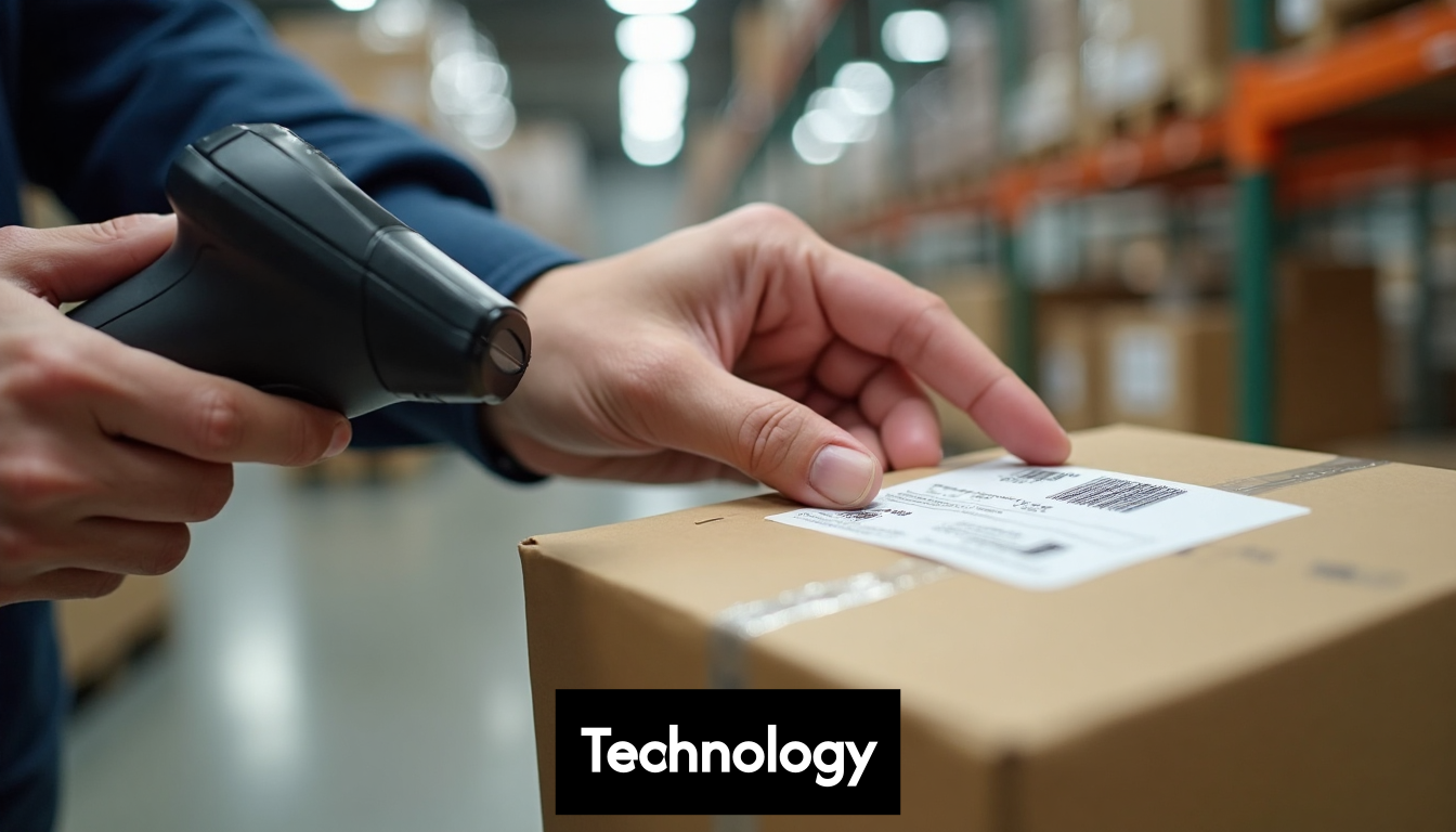 Hand interacts with a smart label on a package.