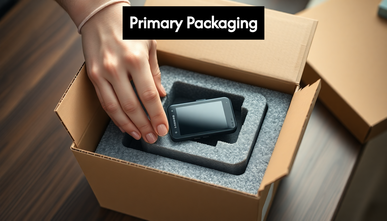 Hand placing electronic device in protective packaging.