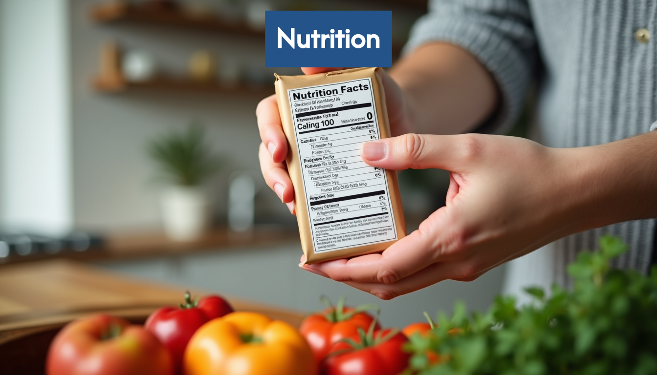 Hand pointing at a nutrition label on a food package.