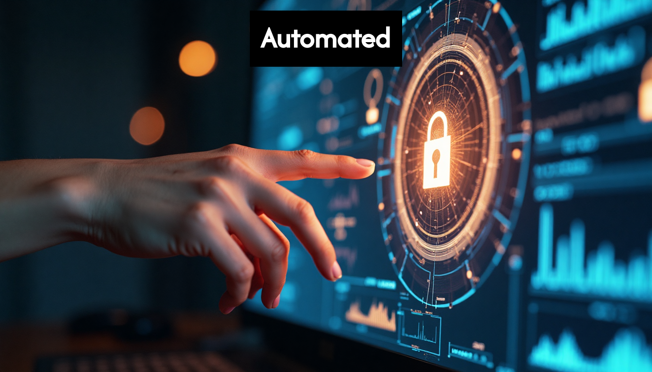 Hand reaching from screen interacting with digital security data.