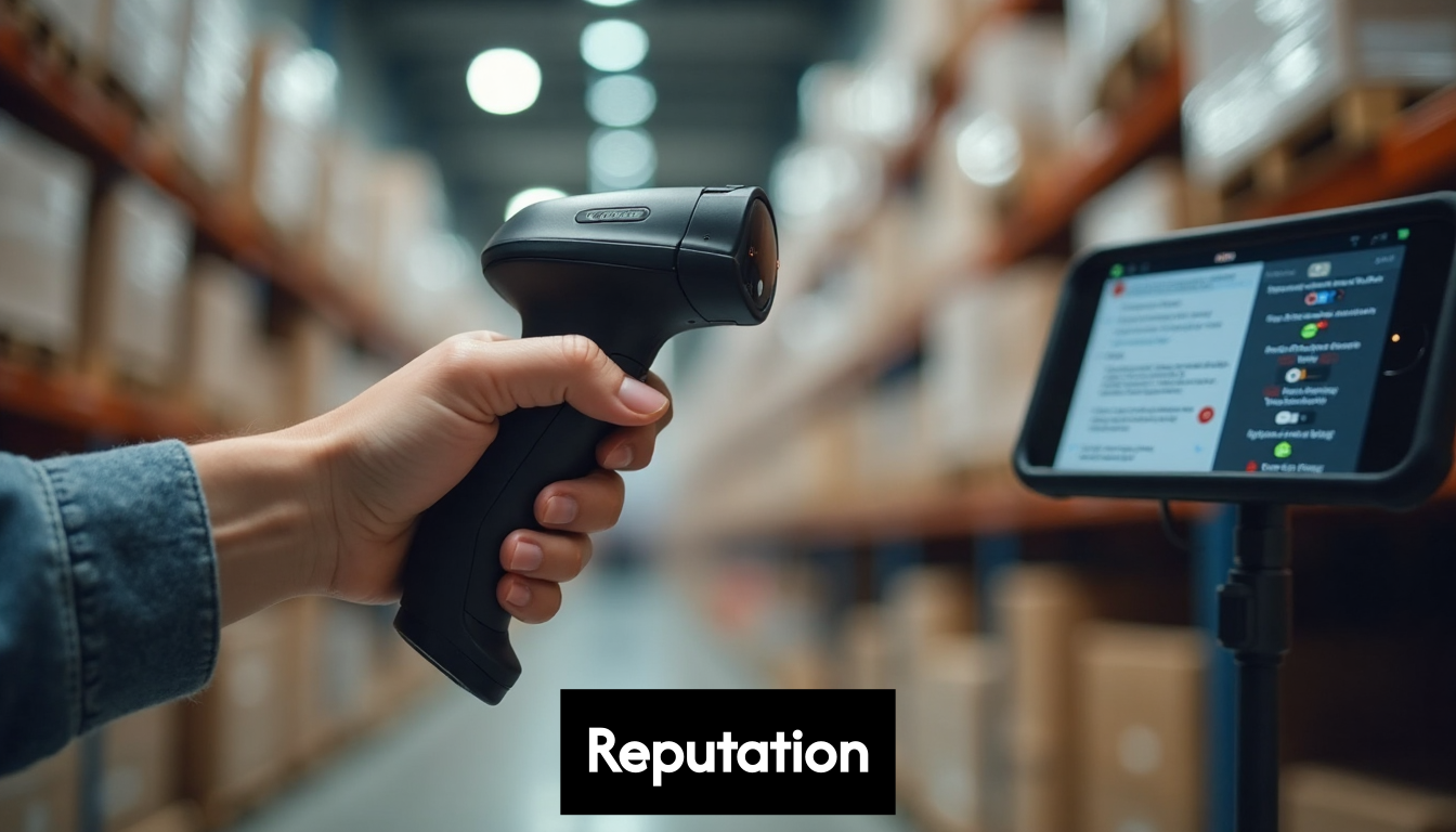 Hand scanning a product label with a mobile scanner.