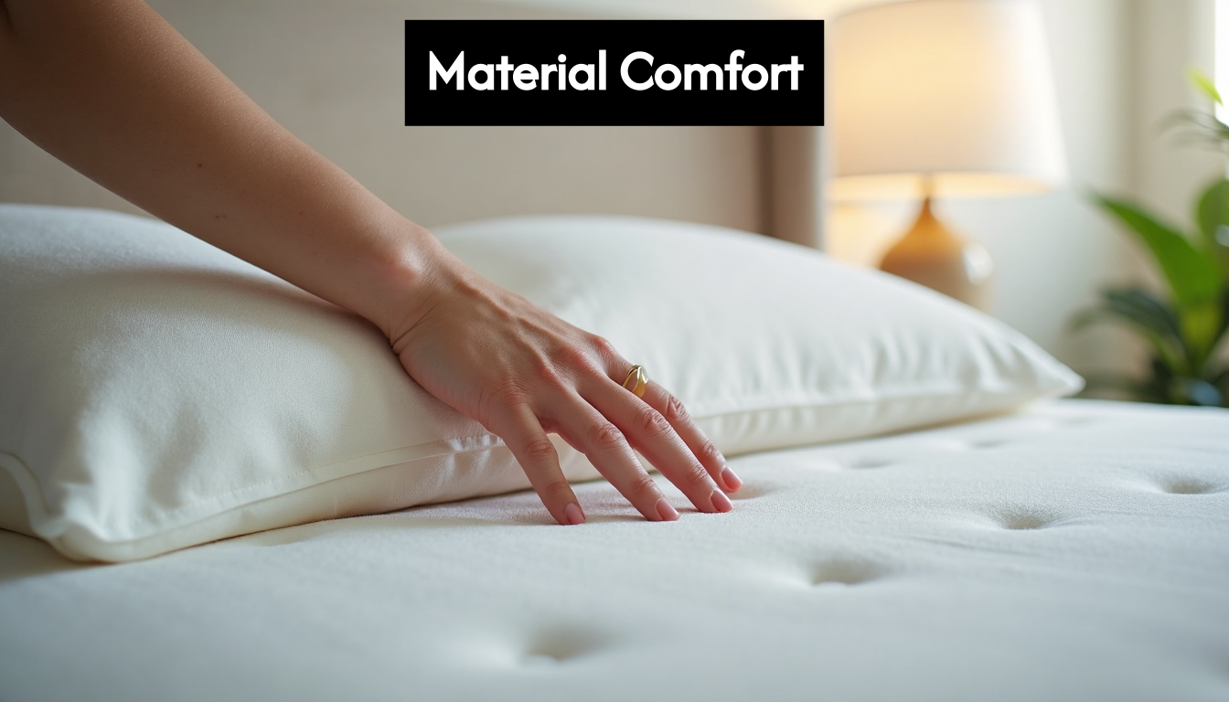 Hand touching soft upholstered headboard.