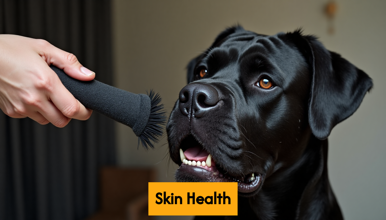 Hand using a grooming mitt on a Cane Corso.