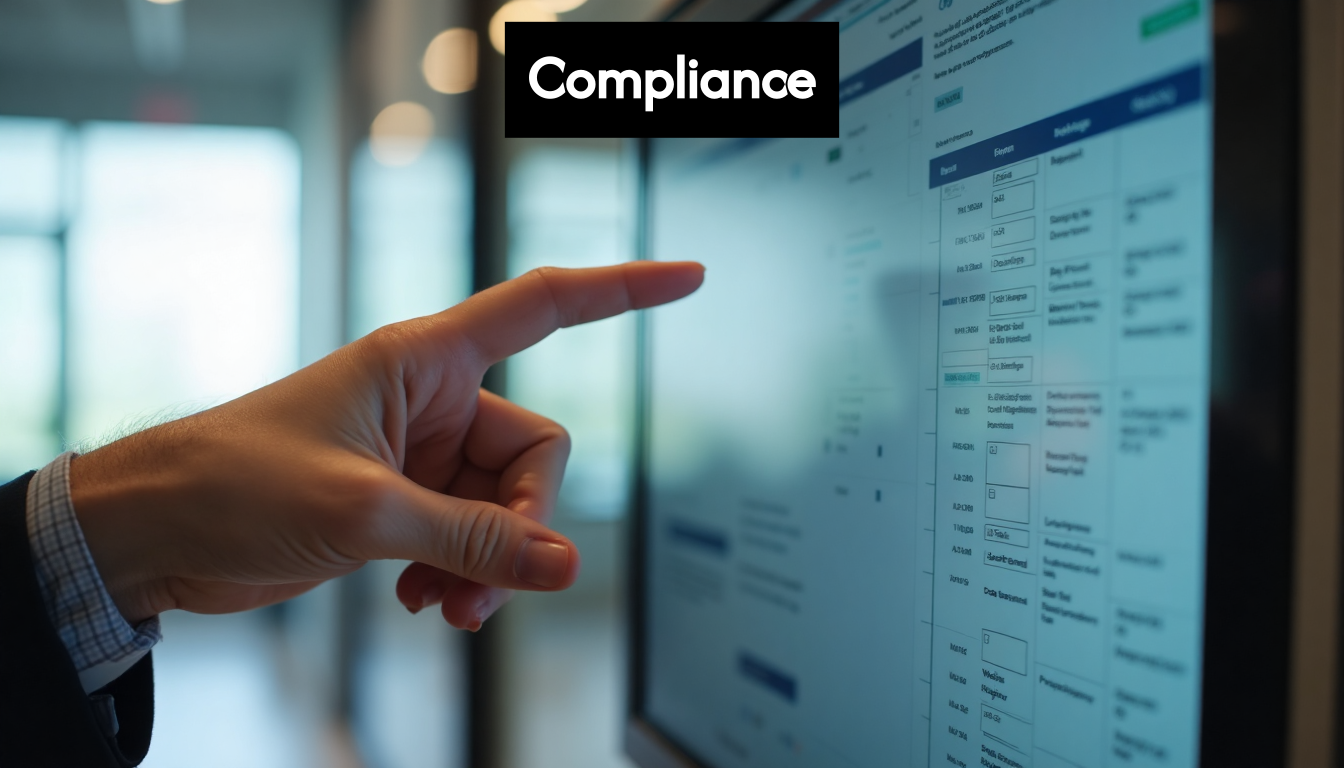 Hand using compliance software on a screen.