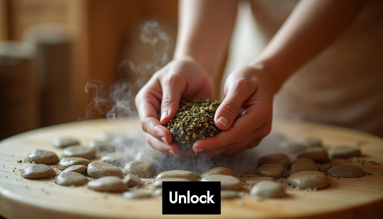 Hands adding dried herbs onto hot sauna rocks.