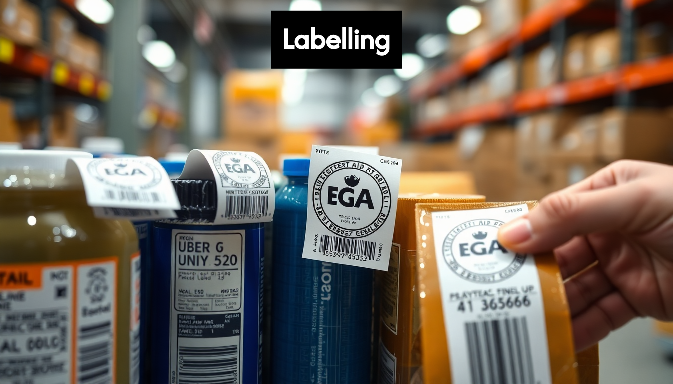 Hands applying new UKCA labels to products.