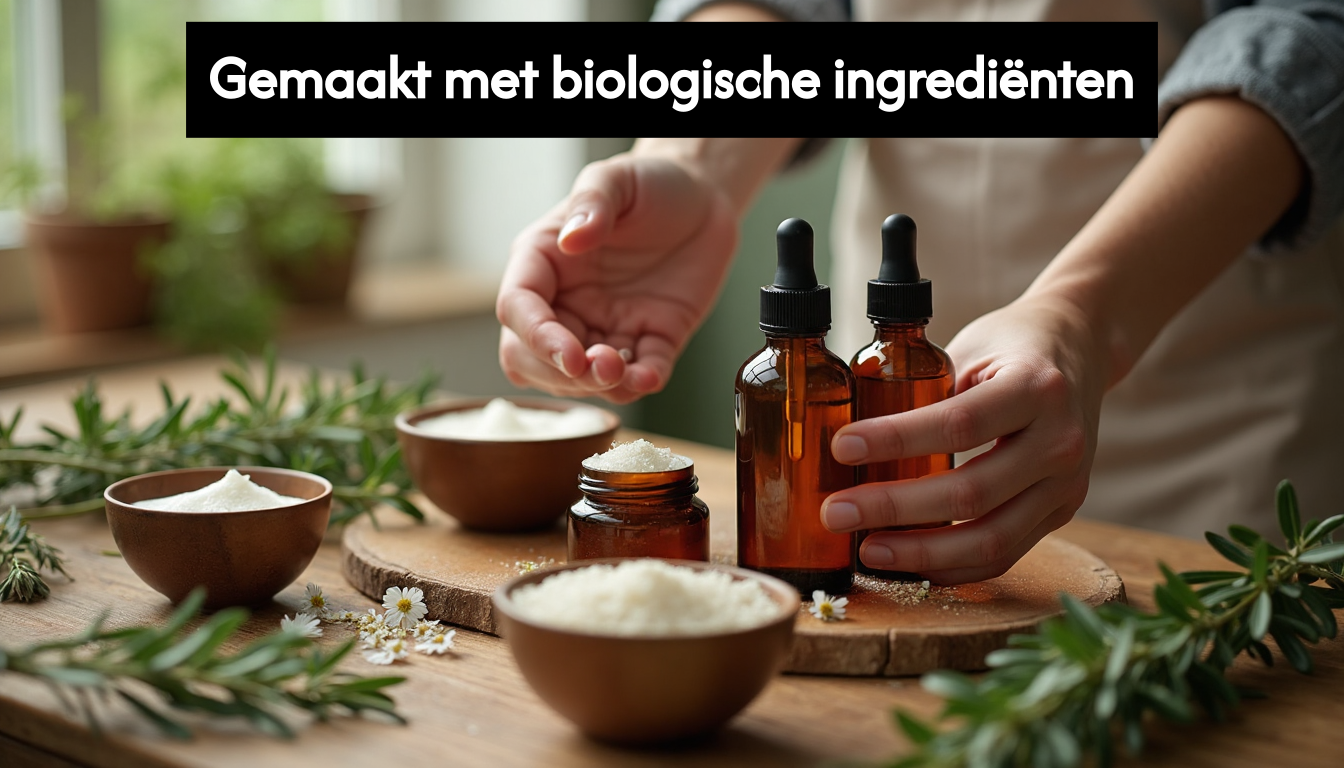 Hands arranging organic skincare products with herbs
