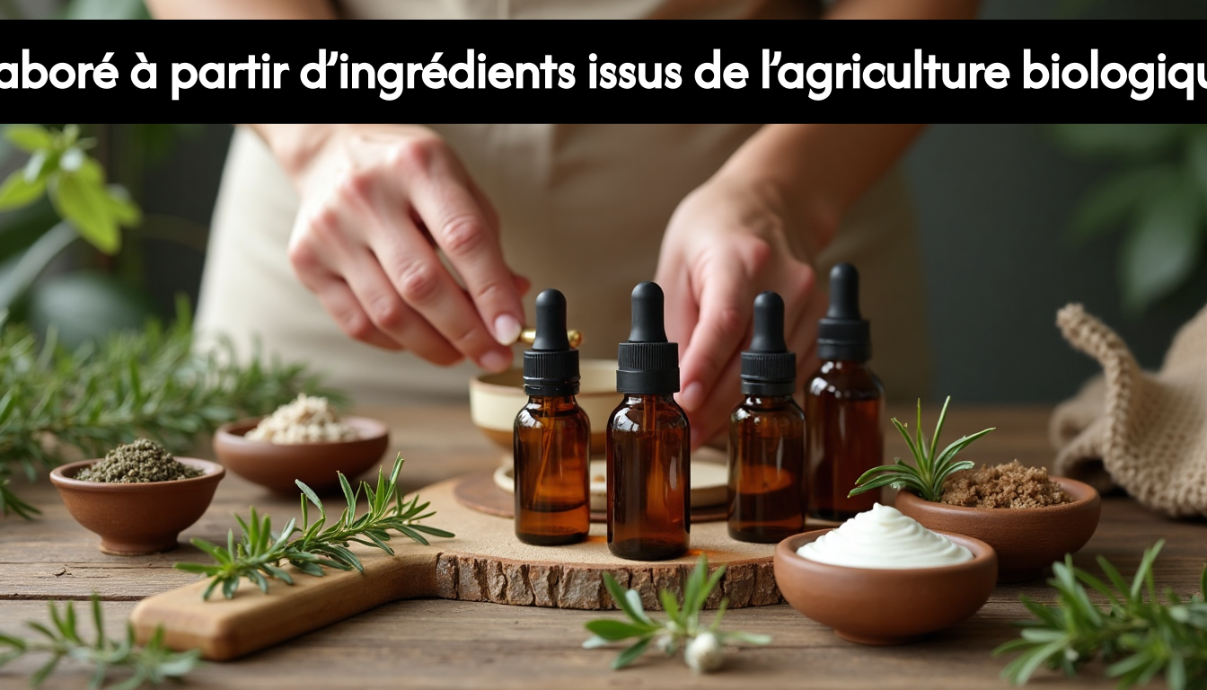 Hands arranging organic skincare products with herbs