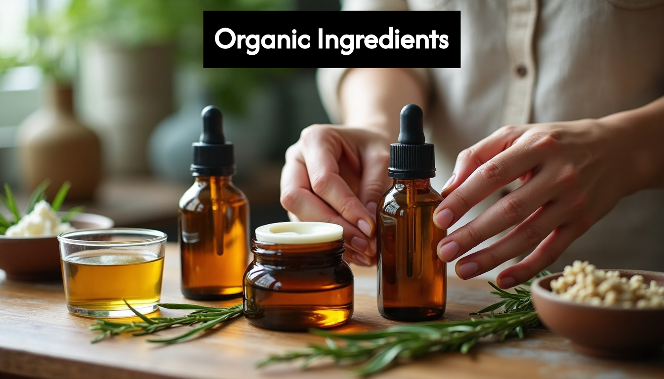 Hands arranging organic skincare products with herbs