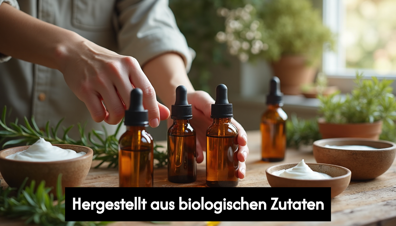 Hands arranging organic skincare products with herbs