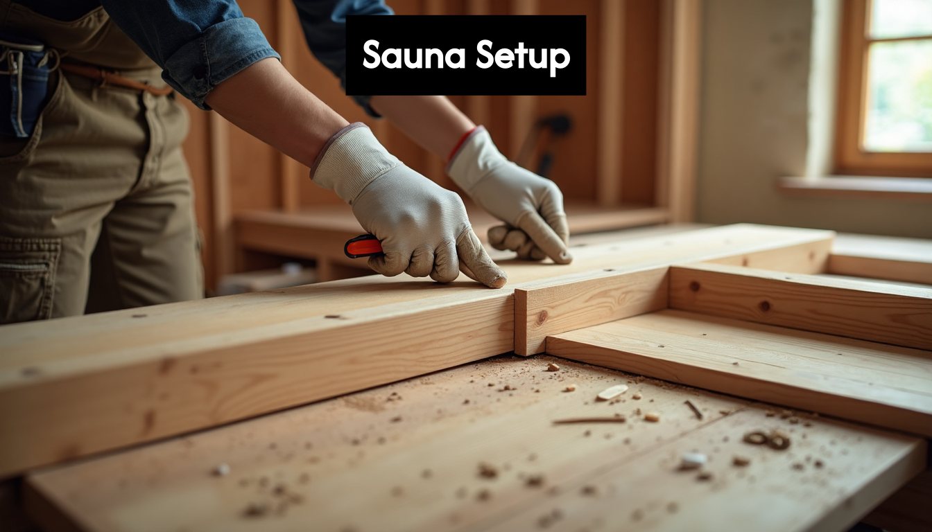 Hands assembling wood panels for home sauna