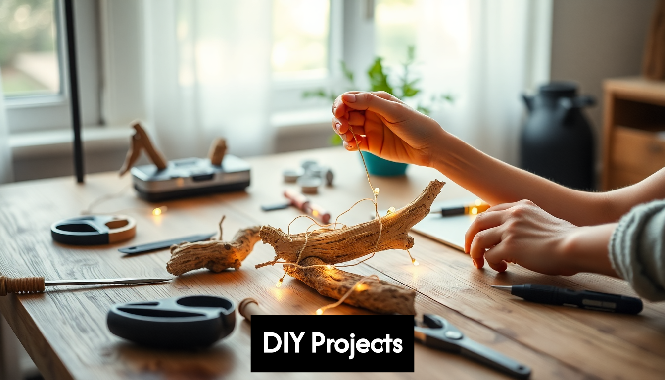 Hands building DIY driftwood night light