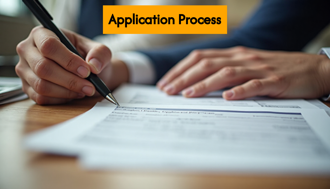 Hands carefully reviewing official application documents on desk.