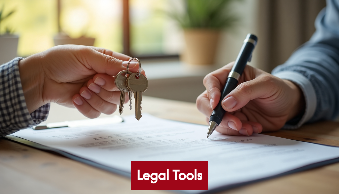 Hands exchanging keys and signing estate papers