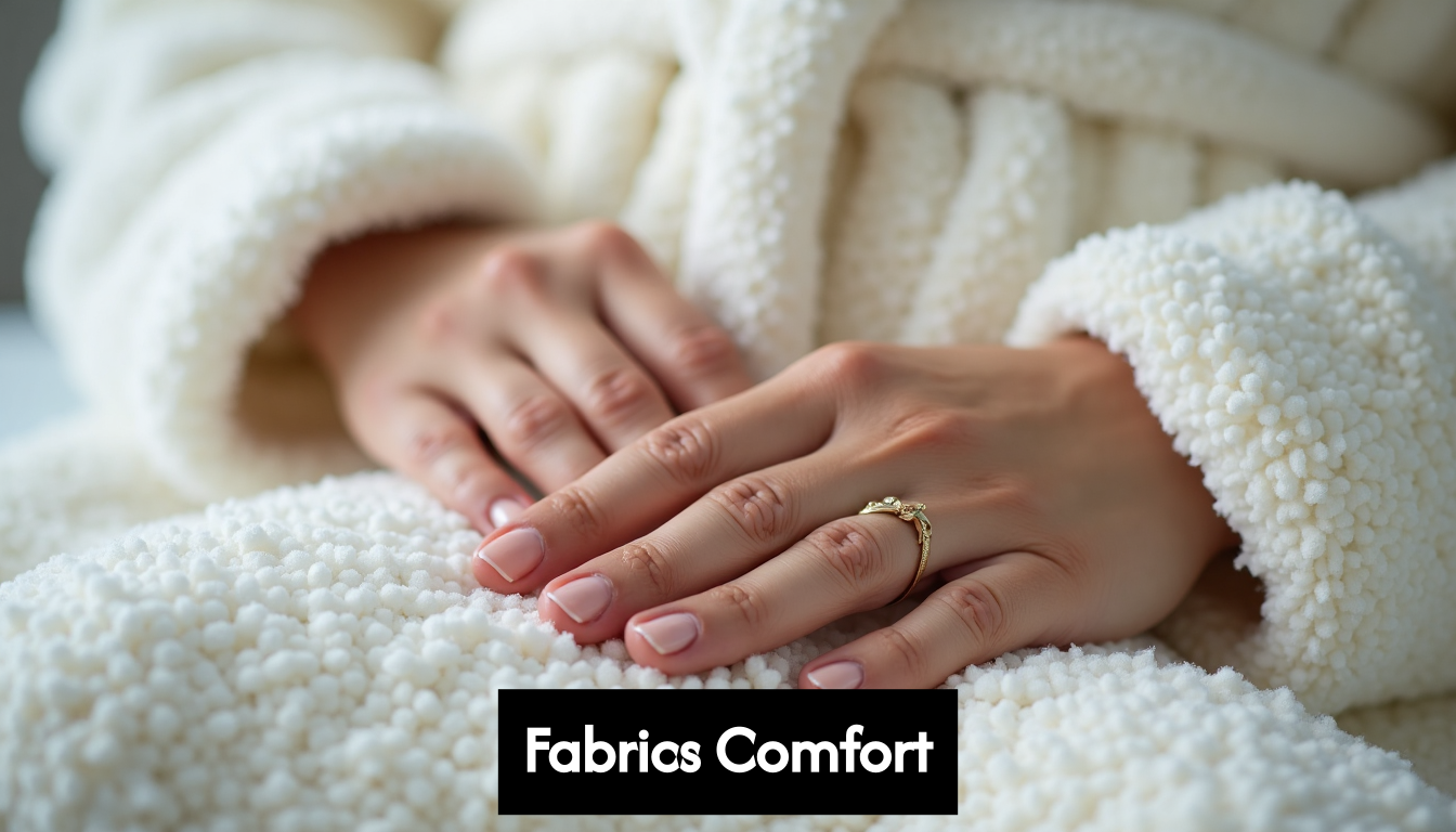 Hands feeling soft robe fabric close-up