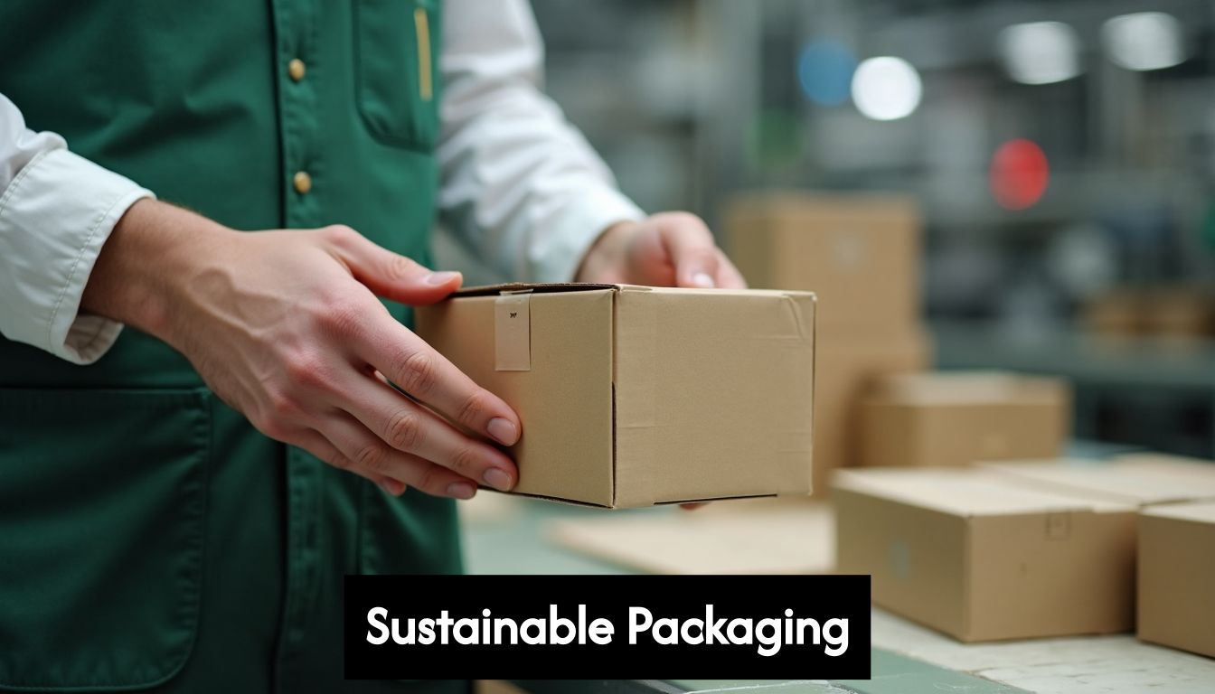 Hands holding eco-friendly packaging on production line